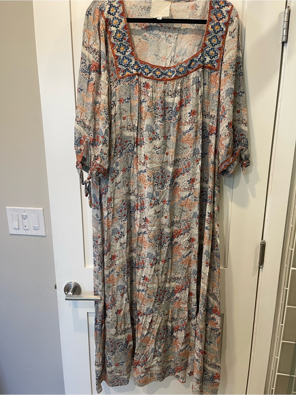 Johnny Was Cream Maxi Dress with Coral and Navy Floral Print